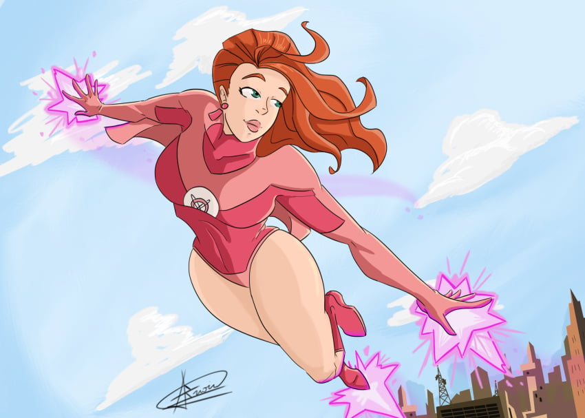 1girls atom_eve bodysuit flying invincible large_breasts red_hair samantha_eve_wilkins