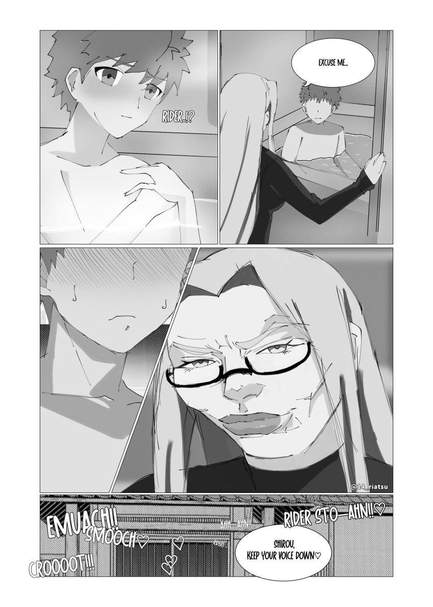 14_riatsu bathroom black_and_white emiya_shirou fate/stay_night fate_(series) femdom manga_page medusa_(fate)