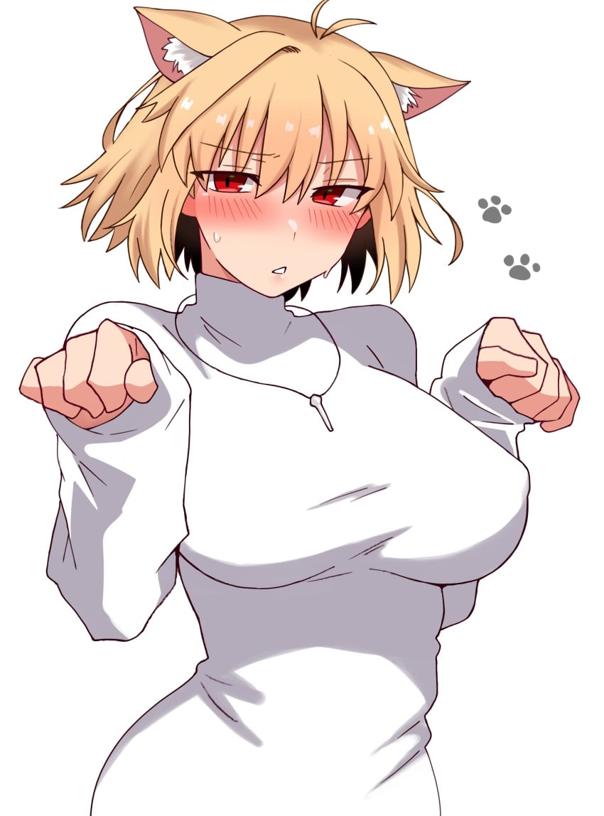 absurdres animal_ear_fluff animal_ears arcueid_brunestud blonde_hair blush breasts cat_ears commentary_request covered_erect_nipples female highres jewelry kemonomimi_mode large_breasts looking_at_viewer maz_515 necklace paw_pose red_eyes simple_background solo sweat sweater tsukihime upper_body white_background white_sweater