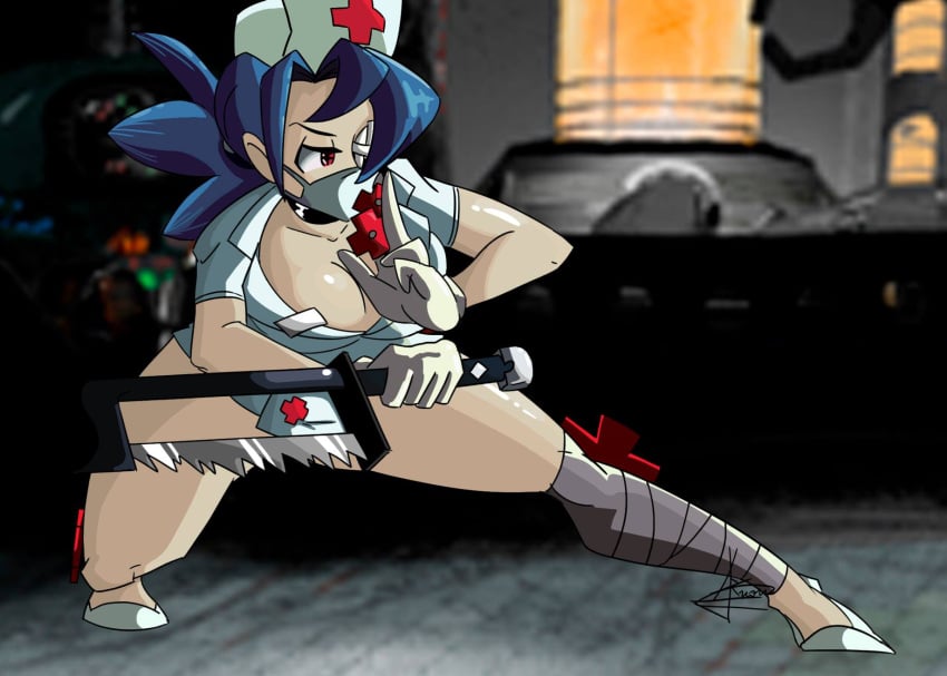 1girls bandages blue_hair eyepatch gloves holding_weapon large_breasts nurse nurse_cap red_eyes shoes skullgirls valentine_(skullgirls)