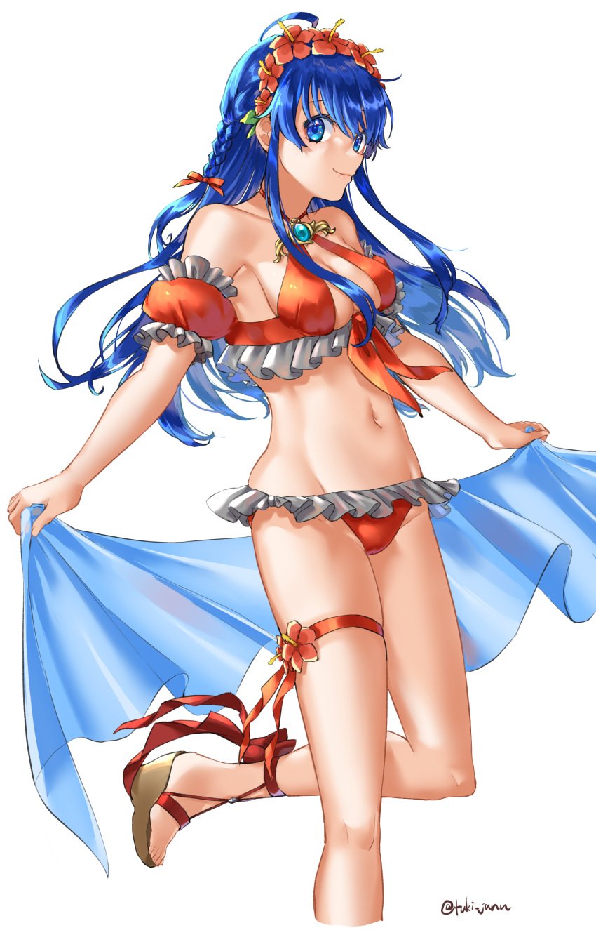 1girls blue_eyes blue_hair fire_emblem fire_emblem:_the_binding_blade flower_in_hair lilina_(fire_emblem) long_hair nintendo red_bikini small_breasts smile swimsuit thighs tsukimura_(d24f4z8j3t)