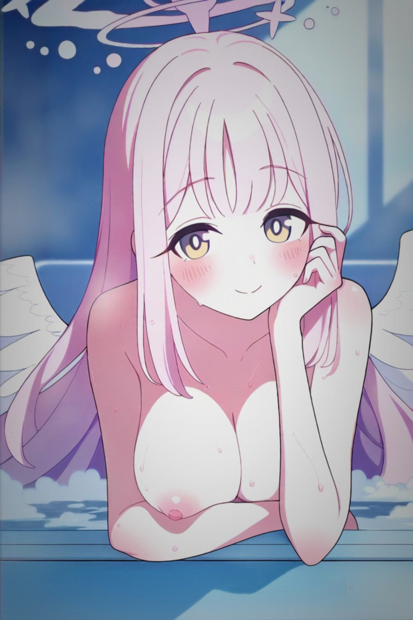 bathing blue_archive breasts closed_mouth feathered_wings female hair_down halo highres long_hair looking_at_viewer medium_breasts mika_(blue_archive) nipples non-web_source pink_hair split_mouth very_long_hair wings