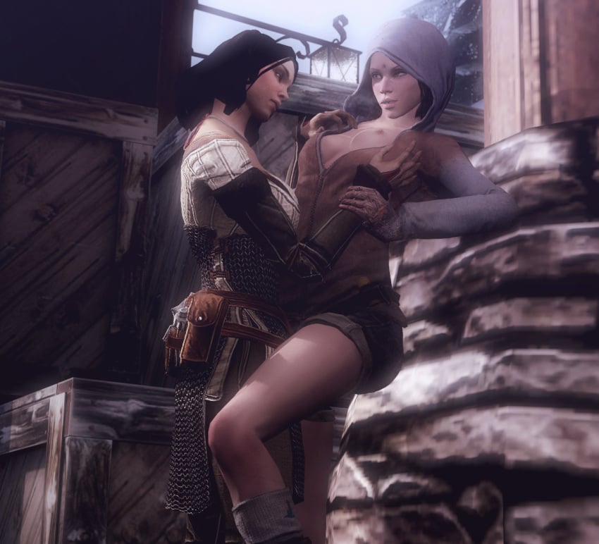 2girls 3d areolae bethany_hawke bioware black_hair breasts crossover curvy devil_may_cry_(series) dmc:_devil_may_cry dragon_age dragon_age_2 erect_nipples female female_only kat_(devil_may_cry) large_breasts nipples no_bra rastifan small_breasts yuri