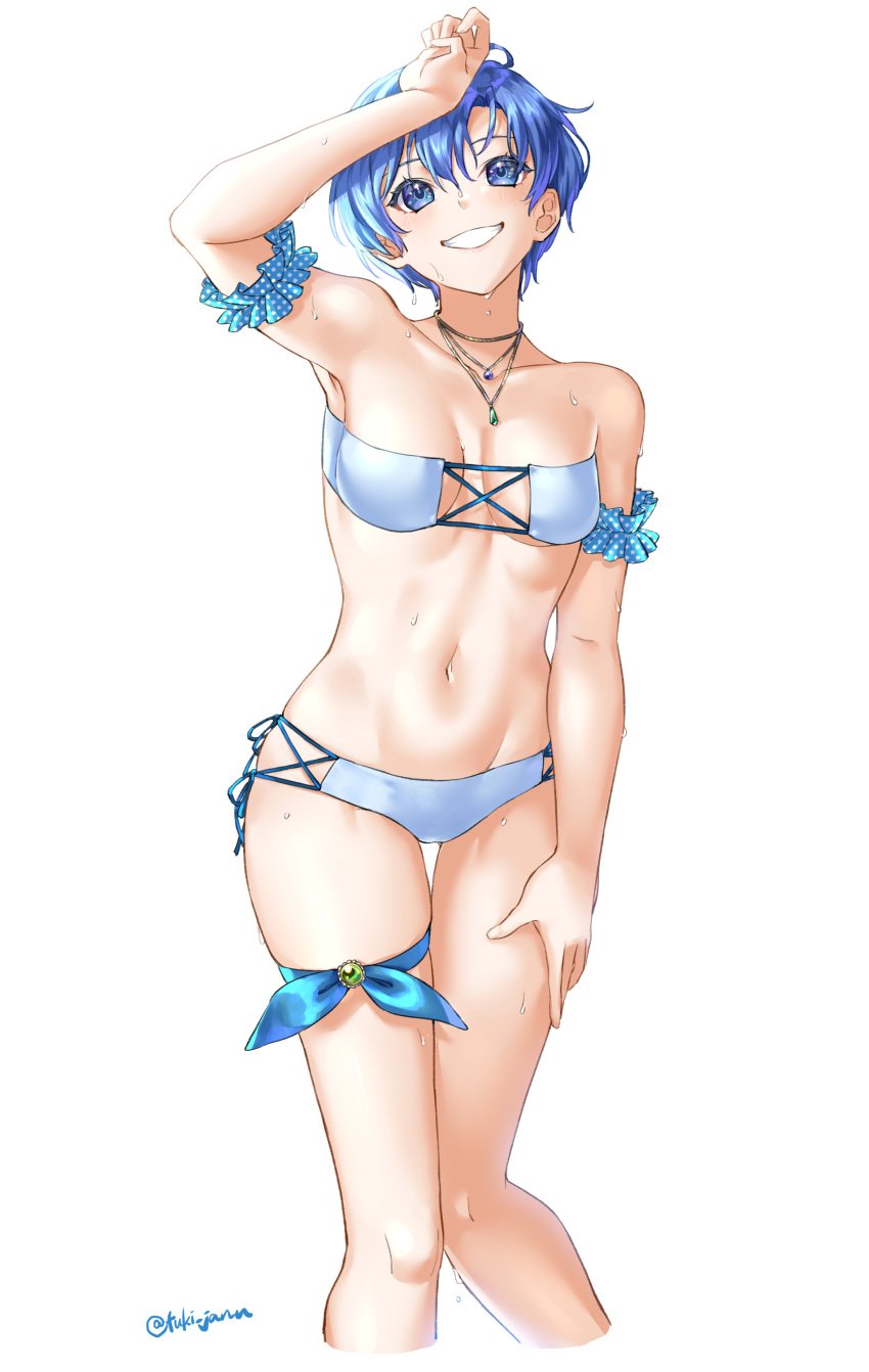 1girls blue_eyes blue_hair fire_emblem fire_emblem:_the_binding_blade nintendo shanna_(fire_emblem) short_hair small_breasts smile smiling swimsuit thighs tsukimura_(d24f4z8j3t) white_bikini