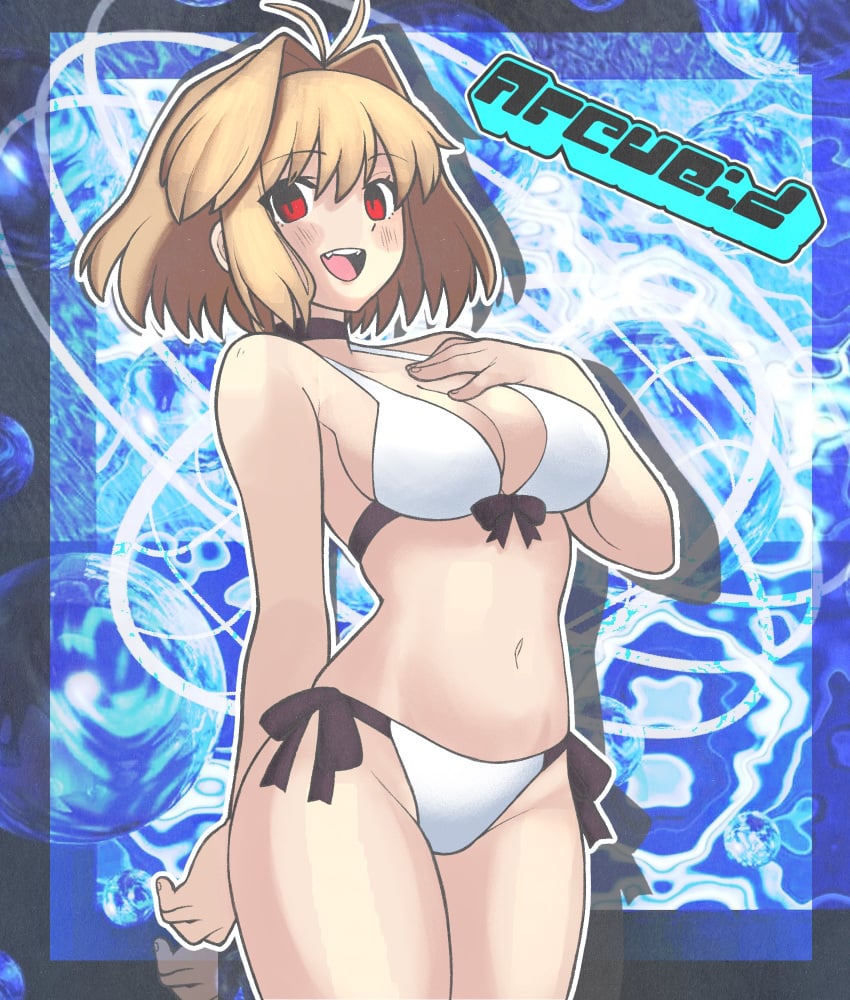 ahoge alternate_costume antenna_hair arcueid_brunestud bikini blonde_hair blush breasts champchidi character_name female hand_on_own_chest highres medium_breasts navel open_mouth red_eyes short_hair solo swimsuit tsukihime