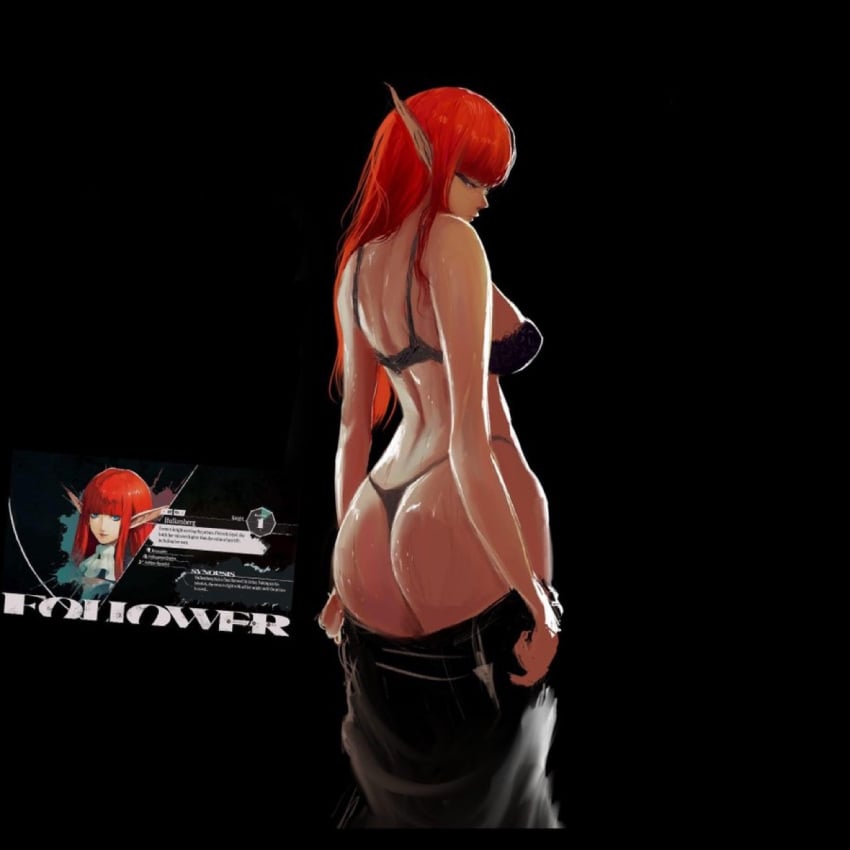 1girls 2024 ass atlus black_background blue_eyes bra breasts character_bio character_profile clothes_removed eiselin_hulkenberg hulkenberg karere20 long_ears long_hair looking_back metaphor:_refantazio panties pointy_ears red_hair removing_clothing sega sweat sweaty_body thong