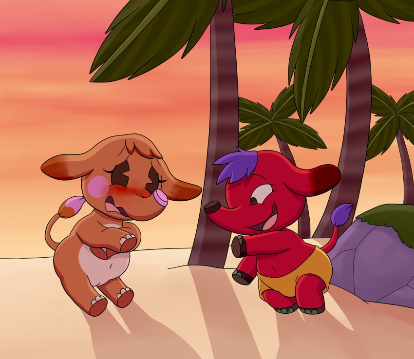 absurd_res animal_crossing anthro beach bulge clothed clothed/nude clothing cyd_(animal_crossing) danel duo elephant elephantid ellie_(animal_crossing) embarrassed female genitals hi_res lost_clothes lost_swimsuit male mammal nintendo nude pachyderm palm_tree plant proboscidean pussy rock sunset swimming_trunks swimwear topless topless_male tree wardrobe_malfunction