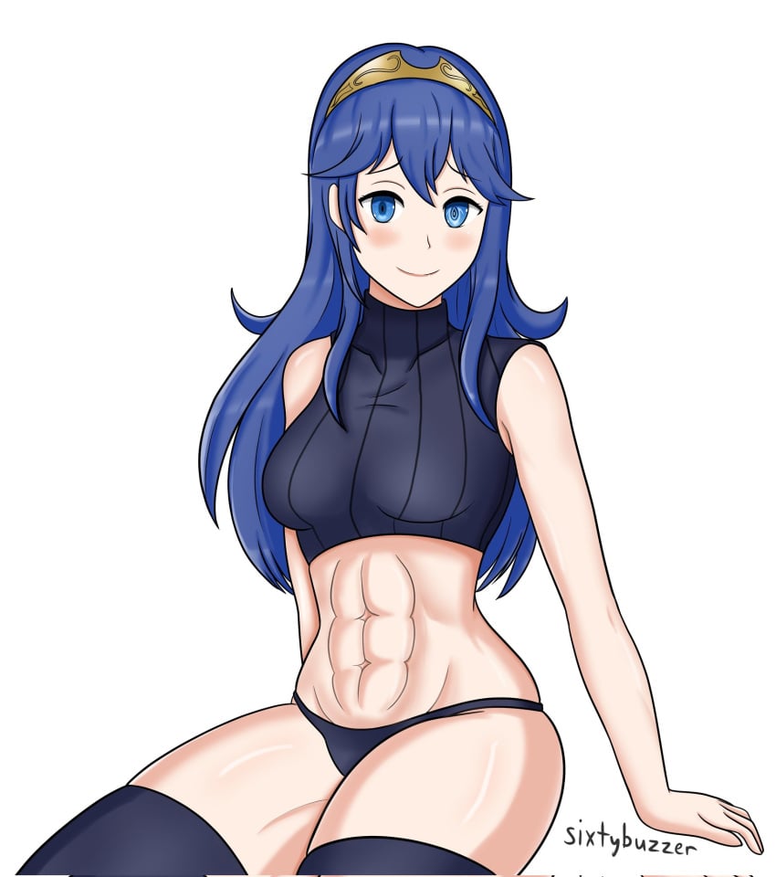 1girls abs arcedo bare_thighs blue_eyes blue_hair breasts female female_only fire_emblem fire_emblem_awakening long_hair lucina_(fire_emblem) muscles muscular muscular_female navel nintendo pulling_up_shirt revealing_clothes sixtybuzzer solo symbol-shaped_pupils thick_thighs thighhighs thighs tiara toned_female workout_clothes