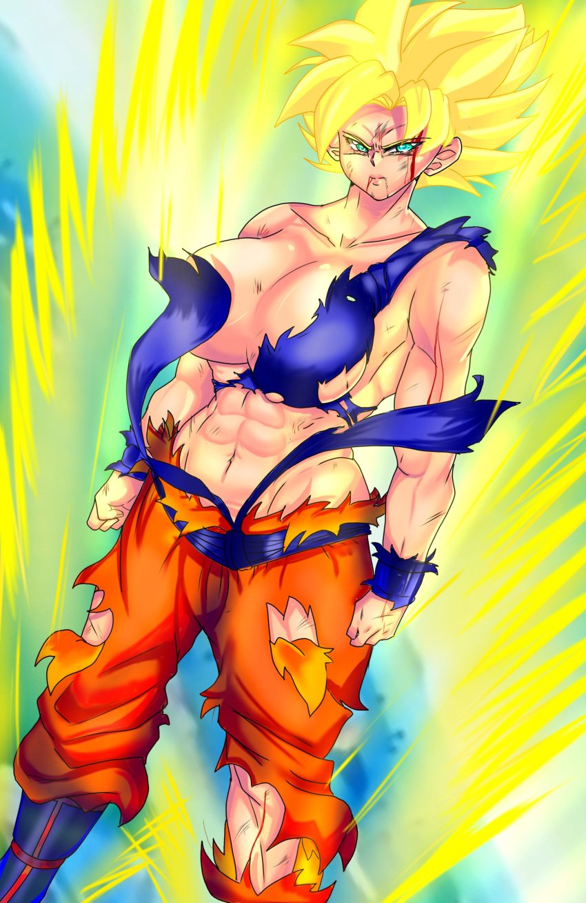 1girl 1girls abs aura battle_damage belly_button big_boobs big_breasts blonde_female blonde_hair blonde_hair_female blue_sky blue_sky_background blue_wristband boobs breasts cloud clouds dragon_ball dragon_ball_super dragon_ball_z eyelashes female female_focus female_goku female_only female_saiyan flying genderbent genderswap genderswap_(mtf) goku green_eyes green_eyes_female huge_boobs huge_breasts large_boobs large_breasts light-skinned_female light_skin muscle muscles muscular muscular_female orange_gi parted_lips rule_63 saiyan saiyan_girl sirpanduh sirpanduh_(artist) sky sky_background son_goku spiked_hair spiky_hair super_saiyan torn_clothes torn_clothing torn_pants torn_shirt torned_clothes turtle_school_uniform wristband wristbands yellow_aura