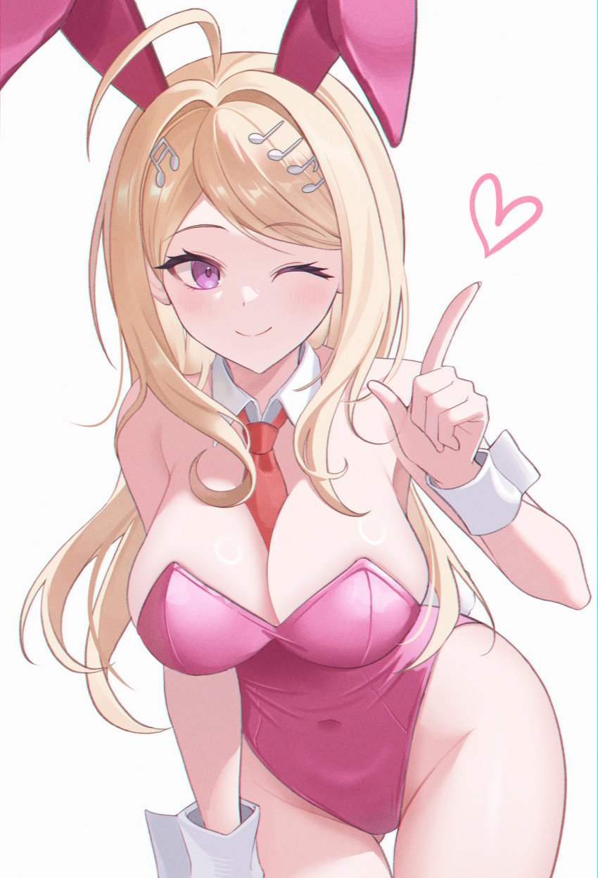 1girls ;) absurdres akamatsu_kaede animal_ears between_breasts breasts covered_navel cowboy_shot danganronpa danganronpa_v3 detached_collar female groin hand_up heart highres keke_(xfxyuio) leotard long_hair necktie necktie_between_breasts one_eye_closed pink_eyes pink_leotard rabbit_ears red_necktie smile solo thigh_gap wrist_cuffs