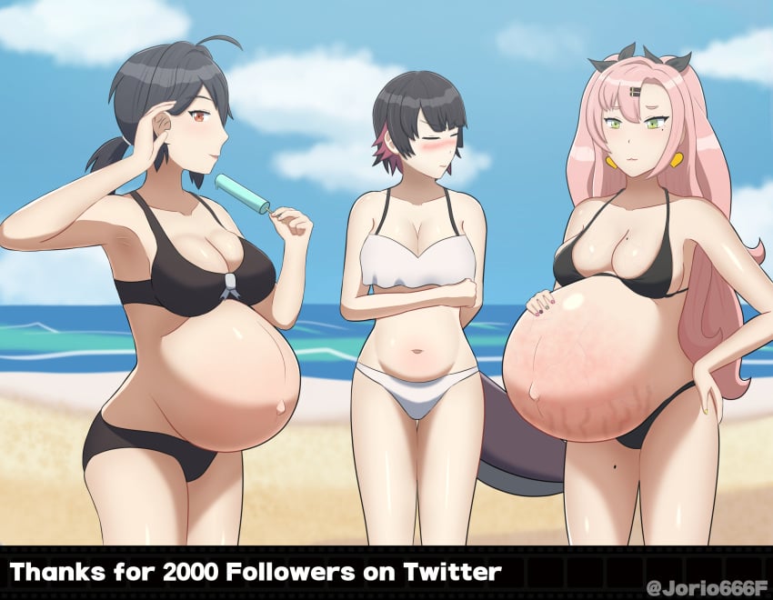 3girls beach big_belly big_breasts bikini black_hair bloated_belly blush cleavage clothed clothing early_pregnancy earrings ellen_joe embarrassed exposed_pregnant_belly female female_only grace_howard green_eyes hoyoverse hyper_belly jorio666f long_hair mole mole_on_breast mole_on_thigh mole_under_eye multiple_pregnancies nicole_demara outie_navel pink_hair popsicle pregnant ready_to_pop red_eyes shark_girl shark_tail short_hair stretch_marks veiny_belly zenless_zone_zero