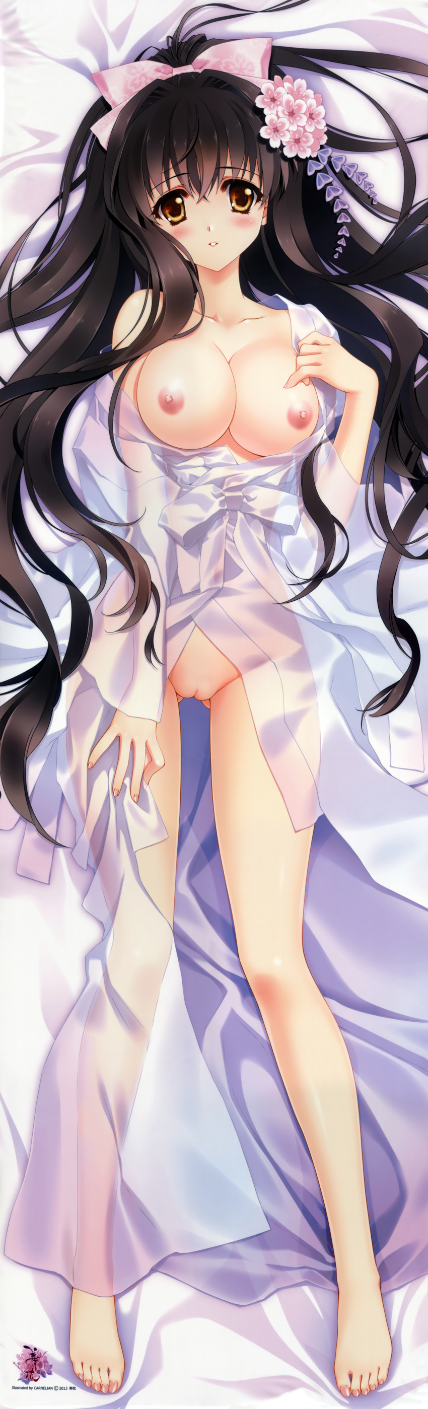 barefoot black_hair bow breasts brown_eyes carnelian cleavage clothes clothing dakimakura eyes feet female hair hairbow high_resolution huge_filesize innie_pussy japanese_clothes kimono legs nipples open_kimono pussy toes vulva