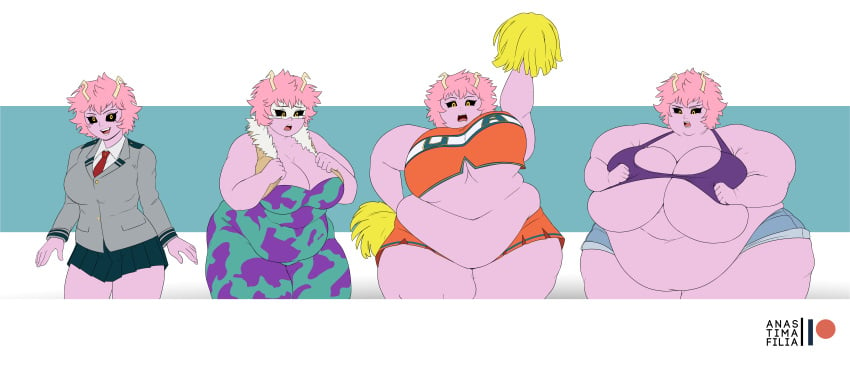 1girls anastimafilia bbw before_and_after breast_expansion chubby chubby_female female female_only gigantic_breasts huge_breasts mina_ashido my_hero_academia overweight overweight_female revealing_clothes sequence solo solo_female tight_clothing transformation weight_gain