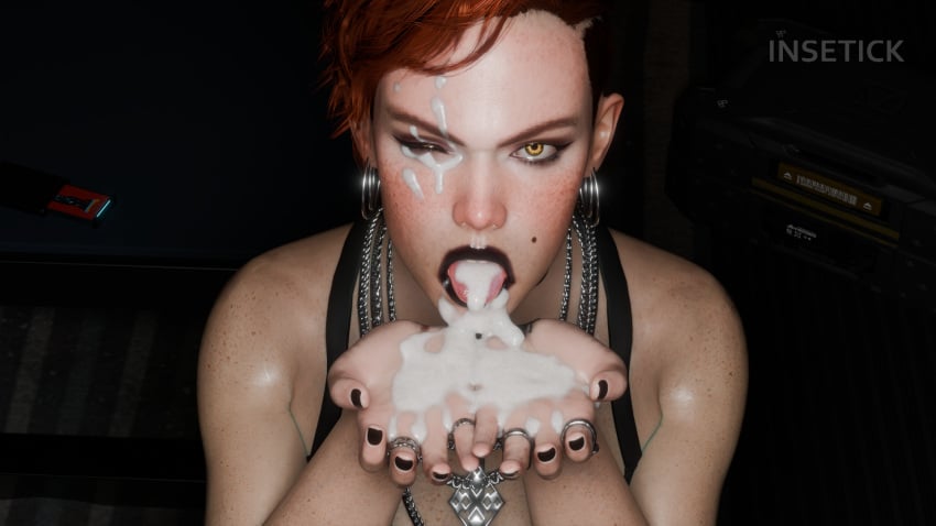 3d after_fellatio angry aurore_cassel black_lipstick black_nails blender cum cum_in_mouth cyberpunk_2077 eye_contact female frown insetick jewelry open_mouth oral pov red_hair yellow_eyes