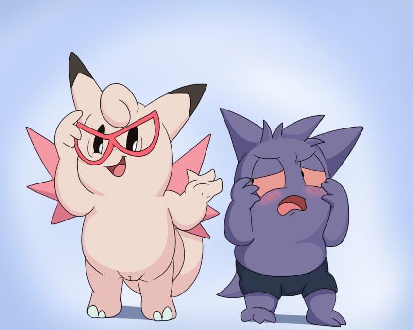 anthro black_clothing black_underwear blush boxers_(clothing) brother_(lore) brother_and_sister_(lore) clefable clothed clothed/nude clothing duo embarrassed eyewear eyewear_only female generation_1_pokemon gengar genitals glasses glasses_only male nintendo nude nudist pink_body pokemon pokemon_(species) purple_body pussy red_sclera seikkeizu sibling_(lore) sister_(lore) topless topless_male underwear wearing_glasses