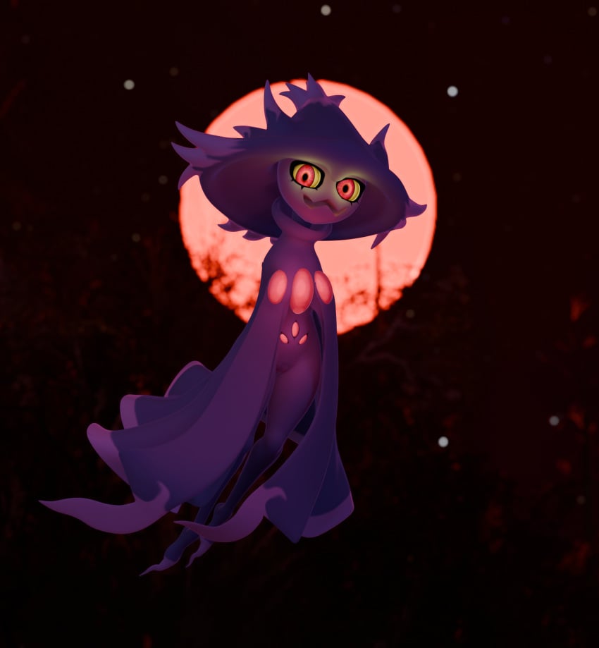 1girls 3d 3d_(artwork) background blender cleft_of_venus cloak female floating gem ghost ghost_girl glowing_body glowing_crystal glowing_eyes high_collar hips legs long_sleeves looking_at_viewer lorded mismagius moon moonlight mostly_clothed night open_mouth plump_labia pokemon pokemon_(species) purple_body purple_skin pussy red_eyes red_gem red_iris red_moon slender_waist slim smile solo thighs tree tummy two_tone_body vulva wisps witch witch_hat