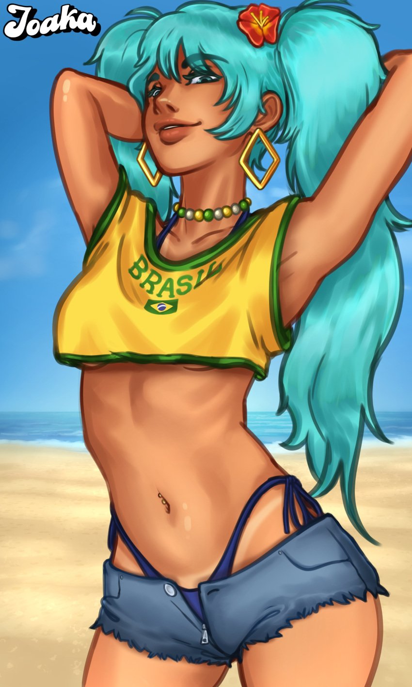 1girls 2d 2d_(artwork) athletic athletic_female beach blue_eyes brazilian_miku breasts digital_drawing_(artwork) digital_media_(artwork) earrings female female_focus female_only hatsune_miku jean_shorts joakadraws light-skinned_female light_skin long_hair looking_at_viewer medium_breasts necklace panties ponytail pose posing presenting shirt shorts solo solo_focus standing tan-skinned_female tan_body tan_skin tank_top tanline tanlines teal_hair thong_bikini thong_panties twintails underboob underwear vocaloid watermark