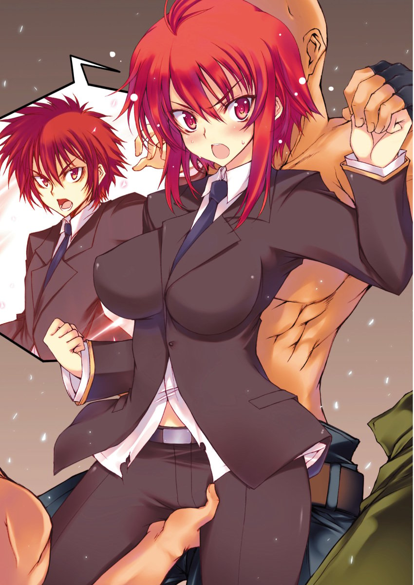 angry belt blush breasts female fingering fingerless_gloves gender_transformation genderswap_(mtf) highres hips implied_transformation kill_time_communication large_breasts legs looking_back necktie open_mouth pants rape red_eyes red_hair ro-ga_(kurumaya) rule_63 short_hair simple_background standing suit sweat thighs tomboy