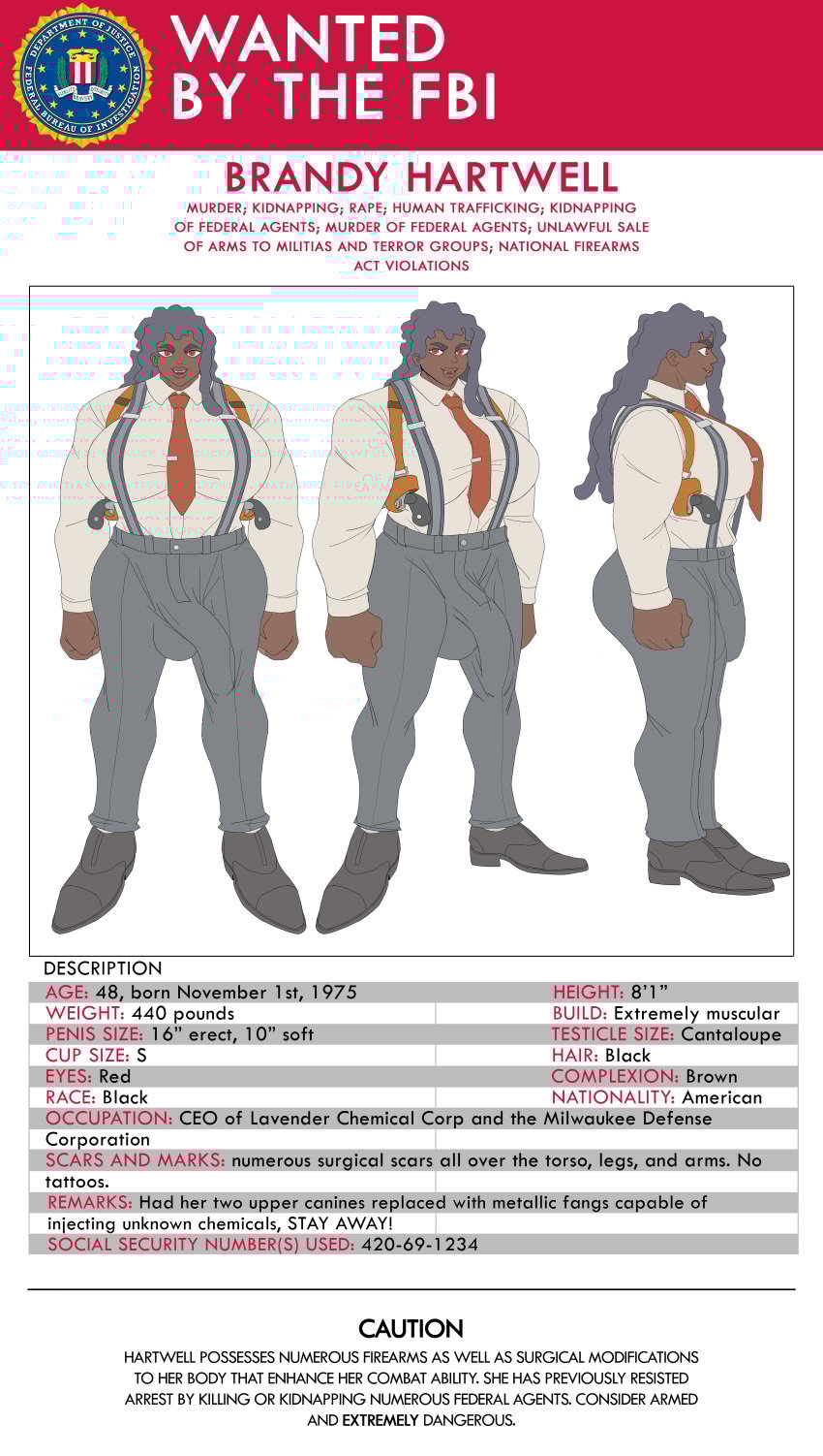 1futa brandy_blackwell breast_bigger_than_head brown_body brown_skin brown_skinned_futanari bulge bulge_through_clothing clothing crime criminal fangs fbi fists_clenched futa_only futanari gray_hair grey_hair holster holstered_pistol huge_balls huge_breasts huge_cock information intersex long_hair long_penis muscular muscular_futanari older_futanari original_character penis red_eyes reference_sheet revolver smile stats suspenders thick_eyebrows tie tight_clothing wanted_poster