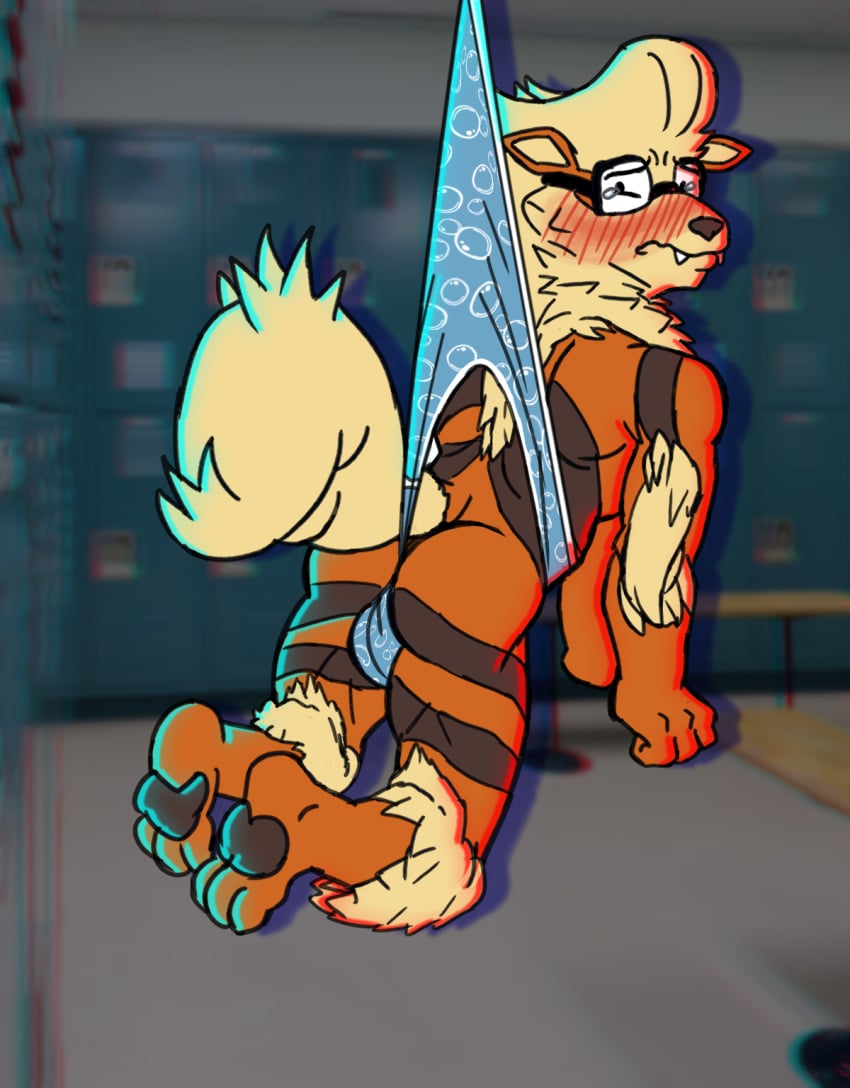 anthro arcanine ass black_eyewear black_glasses blonde_hair blue_clothing blue_underwear blush bodily_fluids briefs bullying clenched_hands clothed clothing clothing_pull embarrassed eyewear fist fitz_(violet3d) fur generation_1_pokemon glasses hair hanging_wedgie hi_res humiliation looking_back male male_only nerd nintendo orange_body orange_fur pokemon pokemon_(species) print_briefs print_clothing print_underwear rear_view sad solo tears underwear underwear_only underwear_pull violet3d wedgie wedgie_fetish