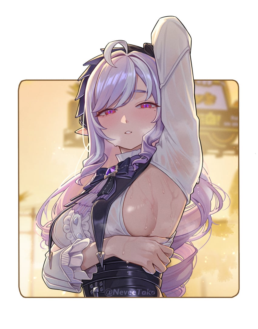 1girls ai_generated armpits blush breasts elf elf_female female hi_res looking_at_viewer nevee purple_hair red_eyes seductive_look solo sweat sweating sweaty_body vivian_(zenless_zone_zero) zenless_zone_zero