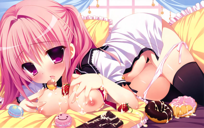 breasts clothing female fixed food front_wing kanadome_miyako nanaca_mai panties panties_down pink_hair pure_girl thighhighs