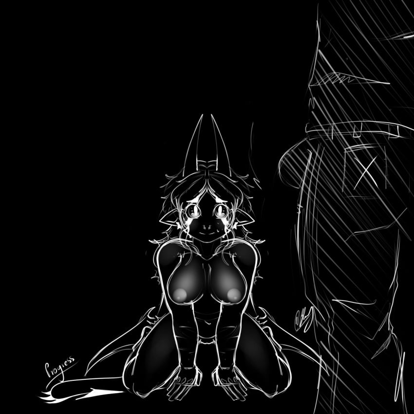 areolae big_breasts black_background bluedevil bluey_(bluedevil) breasts demon_girl demon_horns demon_tail horn horns nipples nude oni oni_female oni_horns original original_character pussy simple_background tagme tail watermark white_outline wip