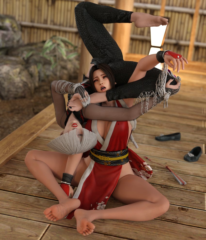 2girls 3d a.k.i. asian asian_female barefoot chinese chinese_female fatal_fury feet foot_fetish mai_shiranui ryonafan45 soles street_fighter street_fighter_6 yuri