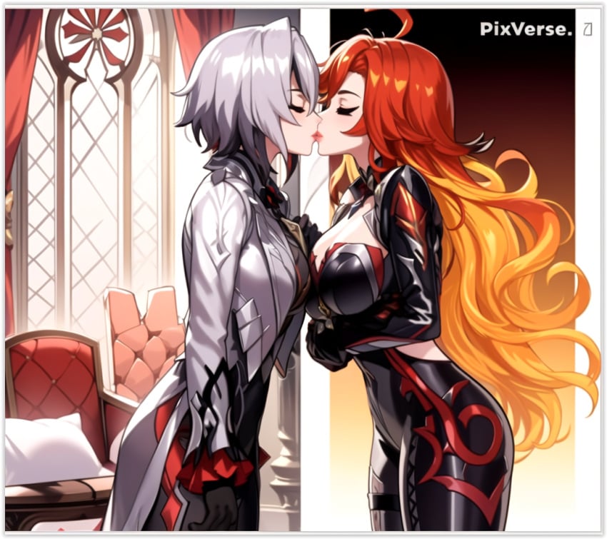 2girls 2milfs 2women ai_generated arlecchino_(genshin_impact) flirting genshin_impact girl_on_girl kissing lesbian_couple lesbian_kiss lovers mavuika_(genshin_impact) yuri yuri yuri