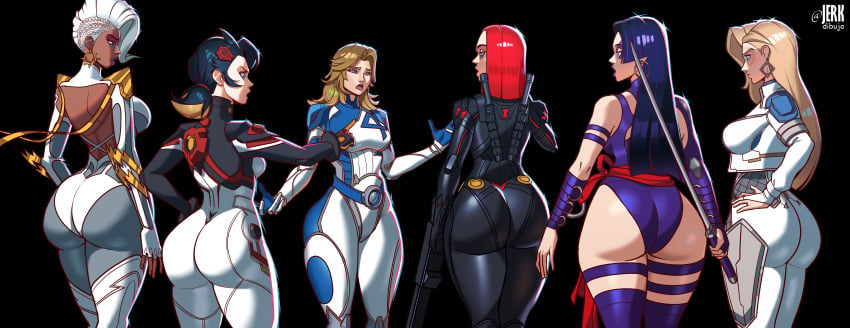 6girls alternate_background alternate_version_available armwear ass ass_chart ass_focus back back_view backboob big_ass big_breasts black_background black_bodysuit black_hair black_widow_(marvel) black_widow_(marvel_rivals) blonde_hair blue_eyes bodysuit breasts bubble_ass bubble_butt clothing dagger_(marvel) dagger_(marvel_rivals) dat_ass ear_piercing earrings female female_only gun hair hand_on_hip hips holding_weapon hoop_earrings huge_ass invisible_woman invisible_woman_(marvel_rivals) jerkdibuja katana legwear leotard lips long_hair looking_at_another marvel marvel_comics marvel_rivals mature mature_female mature_woman milf outfit peni_parker peni_parker_(marvel_rivals) psylocke psylocke_(marvel_rivals) purple_hair purple_leotard purple_lips purple_lipstick purple_thighhighs red_hair ribbon storm_(x-men) sue_storm superhero_costume superheroine textless textless_version thick_lips thick_thighs thigh_strap thighhighs thighs tied_hair vengeance_psylocke weapon white_hair wide_hips