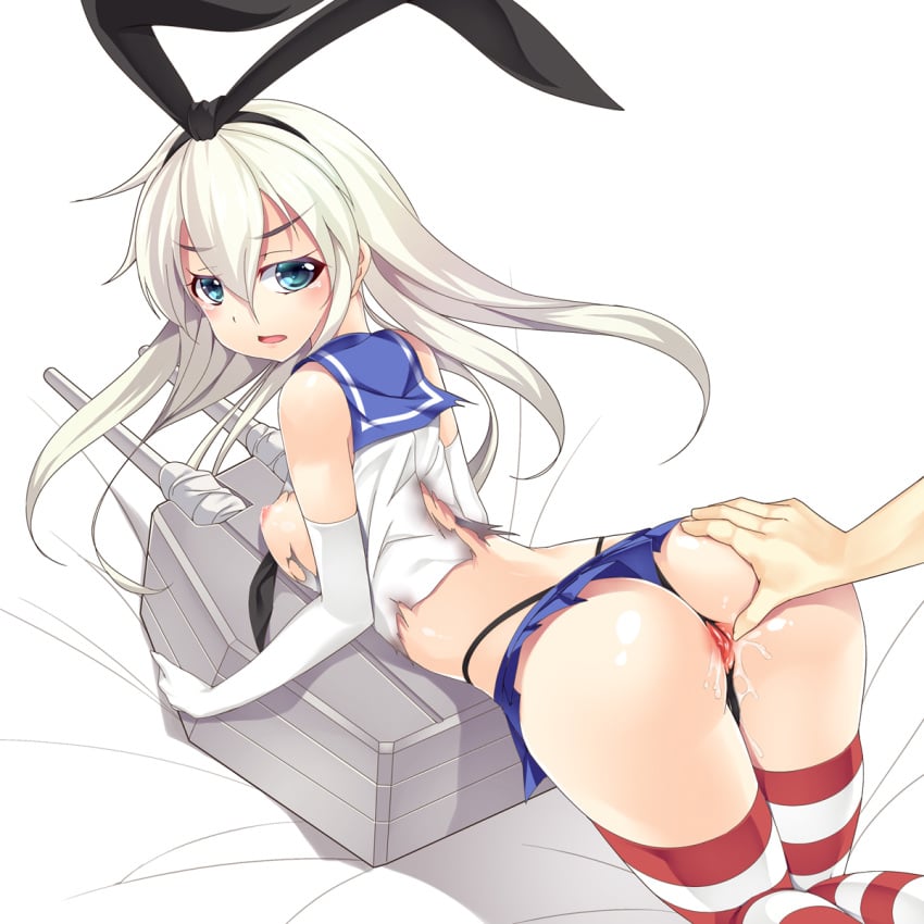 blonde_hair blush elbow_gloves female gloves hairband hand_on_ass highres kantai_collection long_hair nakajou pussy pussy_juice shimakaze_(kantai_collection) shiny shiny_skin striped striped_legwear thighhighs torn_clothes