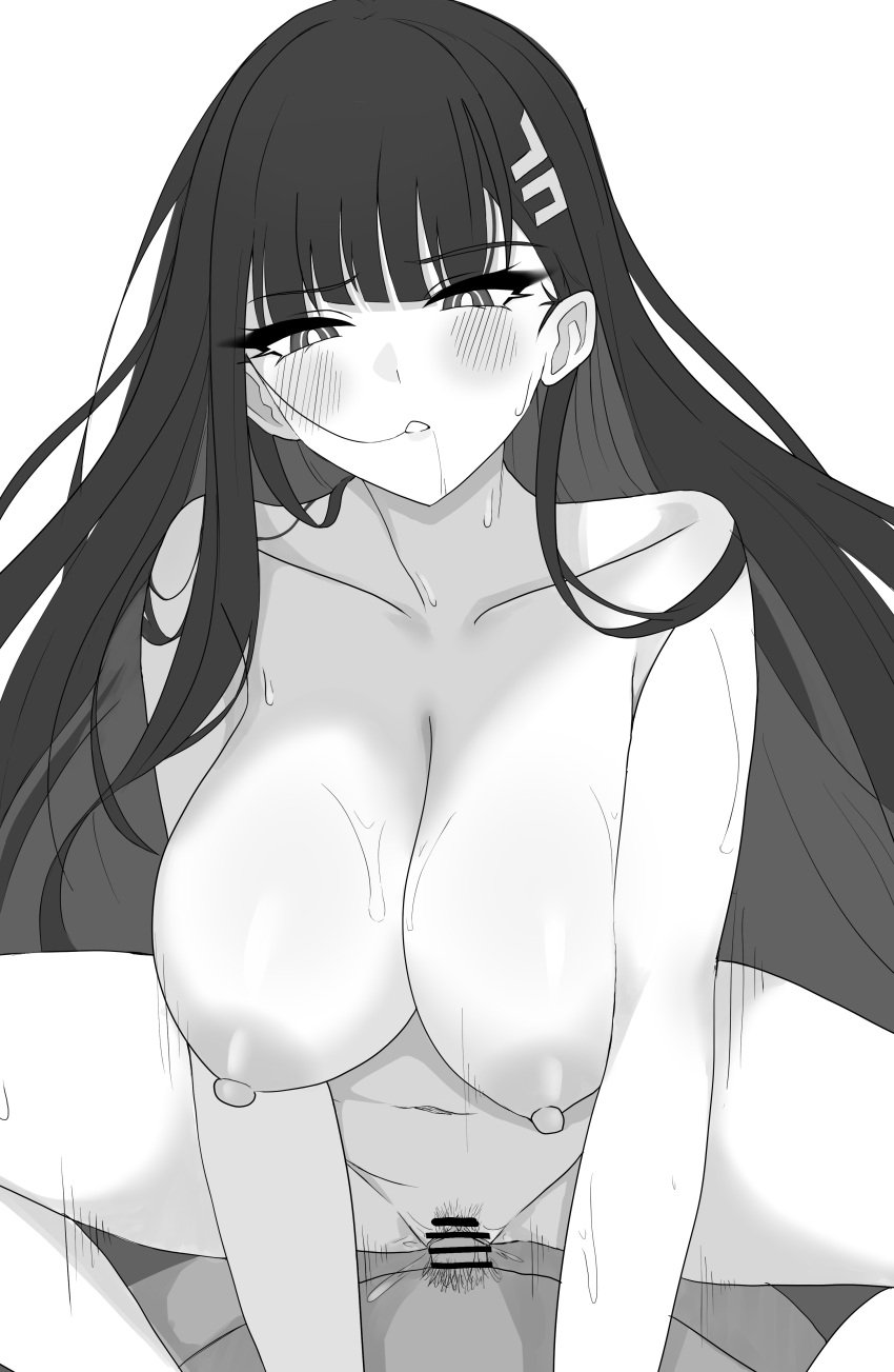 1boy absurdres blue_archive blunt_bangs blush completely_nude cowgirl_position female greyscale hair_behind_ear hair_in_own_mouth hair_ornament hairclip highres long_hair looking_at_viewer male monochrome nipples nude pinnyonn0375 pussy rio_(blue_archive) sex straddling straight