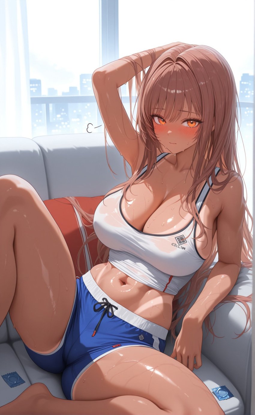 1girls ai_generated blue_shorts blush booty_shorts brown_hair condom dolphin_shorts embarrassed female goddess_of_victory:_nikke hand_through_hair looking_at_viewer rapi_(nikke) red_eyes sitting sofa solo tan_body tan_skin tanline vest