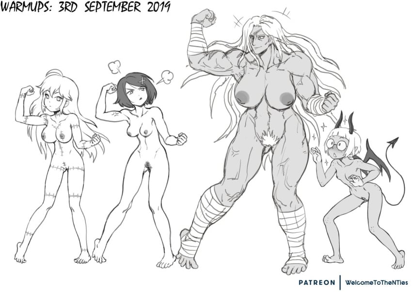 4girls bandage bandages big_breasts big_muscles breasts breasts_out danganronpa danganronpa:_trigger_happy_havoc danganronpa_(series) danganronpa_1 demon_girl demon_horns demon_tail demon_wings devil's_candy female female_focus female_only glasses horns kunio-kun long_hair misako_(kunio-kun) muscles muscular muscular_female naked naked_female noisetanker nude nude_female oogami_sakura pandora_(devils_candy) pubic_hair pussy ricket_pantano river_city_girls sakura_oogami scar_on_face short_hair small_breasts stitches tagme wings