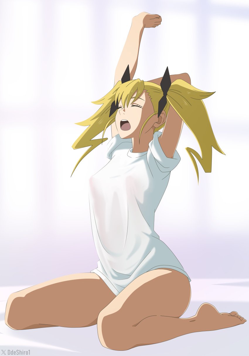 1girls arms_up blonde_hair breasts ddeshiro female female_only fit_female hi_res highres kaiju_no.8 kikoru_shinomiya legs light-skinned_female light_skin medium_breasts morning no_bra no_panties nopan png see-through_clothing shirt solo solo_female stretching thick_thighs thighs twintails yawning