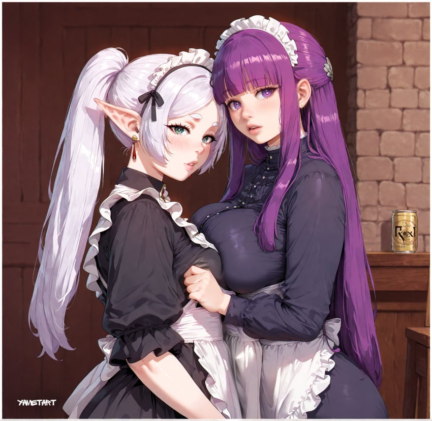 2024 2girls ai_assisted ai_generated big_breasts breasts busty cleavage cute cute_face elf elf_ears elf_female elf_girl female fern_(sousou_no_frieren) frieren frieren_beyond_journey&#039;s_end green_eyes height_difference human large_breasts long_ears long_hair looking_at_viewer maid maid_headdress maid_outfit maid_uniform mother_and_daughter posing posing_for_the_viewer purple_eyes purple_hair silver_hair sousou_no_frieren yametastudio