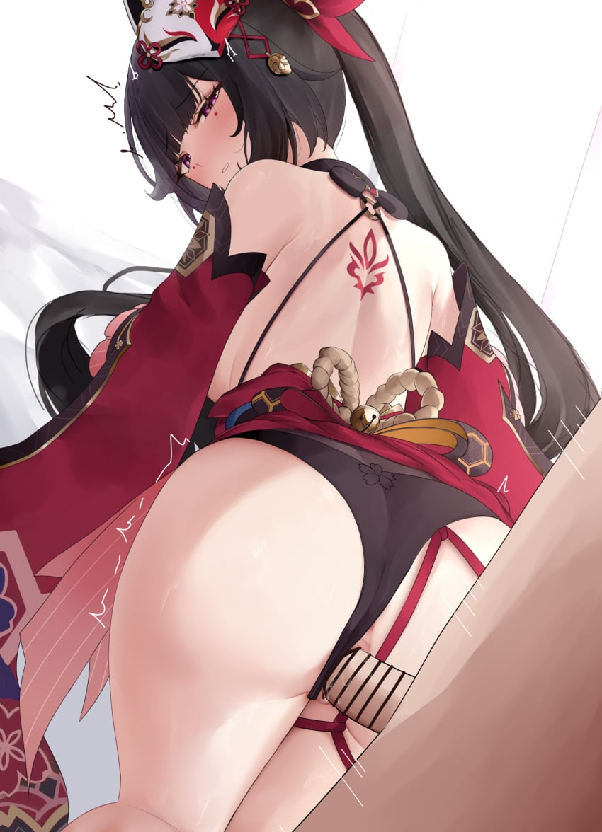 1boy ass back back_tattoo bare_shoulders bell bent_over black_hair black_panties breasts censored choker clenched_teeth clothed_female_nude_male clothed_sex detached_sleeves dress female fox_mask gold_trim hair_ornament highres honkai:_star_rail honkai_(series) jingle_bell large_breasts long_hair looking_at_viewer looking_back mask mask_on_head n9at nude obi panties penis pink_eyes pussy red_dress rope_belt sash sex sex_from_behind short_dress sparkle_(honkai:_star_rail) straight tattoo teeth thighs twintails underwear vaginal_penetration