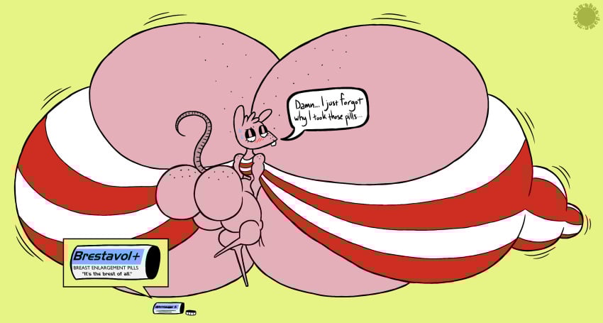 anthro artist_logo artist_name ass bar_emanata big_breasts big_butt blush blush_lines bodily_fluids bottom_heavy bottomless breast_expansion breast_growth breast_growth_(enlargement) breast_squish breasts bubble_butt buckteeth clothed clothing crop_top crop_top_only curvy_figure dialogue drugs emanata english_text erect_nipples expansion eyelashes featureless_feet feet femboy freckled_breasts freckled_butt freckled_face freckled_shoulders freckles fur glistening_eyelids he_is_just_a_rat head_tuft hi_res huge_breasts hyper hyper_breasts logo looking_down male male_with_breasts mammal multicolored_clothing multicolored_crop_top multicolored_shirt multicolored_topwear murid murine nipple_outline nipples pattern_clothing pattern_shirt pattern_topwear pink_body pink_fur raised_tail rat ratboy_(he_is_just_a_rat) rear_view rodent shirt shirt_only signature simple_background small_waist solo speech_bubble squish striped_clothing striped_crop_top striped_shirt striped_topwear stripes sweat sweatdrop tail teeth text thatdawgmurray thick_thighs topwear topwear_only tuft watermark wide_hips