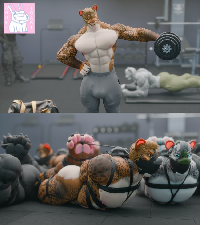 2025 3d abs angry anthro artist_logo athletic athletic_wear bag blender_(artwork) bondage bottomwear bound cloth_gag clothed clothing digital_media_(artwork) domestic_cat duct_tape duct_tape_gag dumbbell felid feline felis gag gagged ghostoast grey_body group gym gym_bottomwear hair hi_res hogtied jaguar kidnapping logo looking_at_viewer lying lying_on_ground male male_only mammal markings muscular muscular_anthro muscular_male nude offscreen_character on_ground pantherine pawpads pecs restrained restraints shirtless signature smile sniffing sniffing_clothes spots spotted_body tape toe_restraints topless treadmill underwear underwear_sniffing weights white_body yellow_body