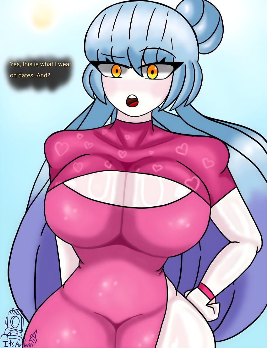 1girls artist_signature big_breasts blue_hair blush breasts busty busty_female cropped_shirt cropped_top dialogue female female_only hair_bun its_archville lobotomy_corporation long_hair looking_at_viewer magical_girl multicolored_hair peach_skin pink_dress project_moon queen_of_hatred thicc thicc_thighs thick_thighs thighs twintails yellow_eyes