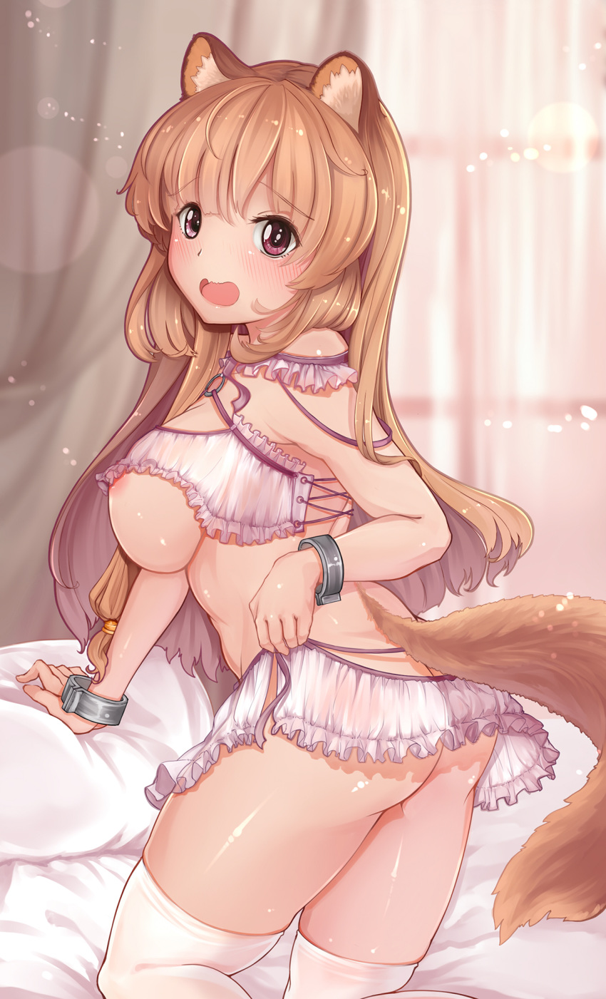 1girls animal_ears animal_humanoid areolae ass ass_cleavage bangs bed big_ass big_breasts blush breasts brown_hair butt_crack cuffs embarrassed female female_only fluffy_tail kneeling large_breasts legwear lingerie long_hair nipple_slip nipples on_bed open_mouth pillow pink_eyes raccoon raccoon_ears raccoon_tail raphtalia rhineheim shackles shiny_skin sideboob skindentation slave solo tail tate_no_yuusha_no_nariagari thick_thighs thighhighs underboob very_long_hair white_legwear