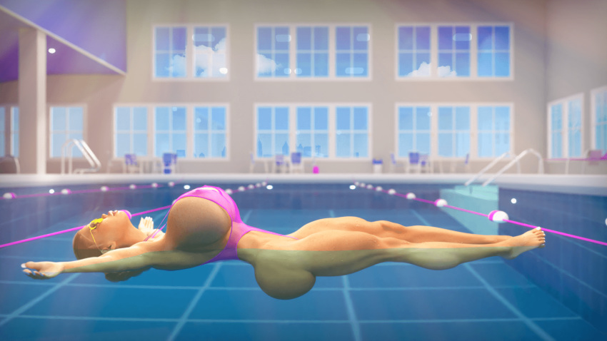 3d big_ass big_breasts bimbo bimbo_high bubble_butt busty floatation floating floating_breasts huge_breasts muscular_female nipple_bulge one-piece_swimsuit p1nups pink_swimsuit pool relaxing school small_waist swimsuit tiny_waist