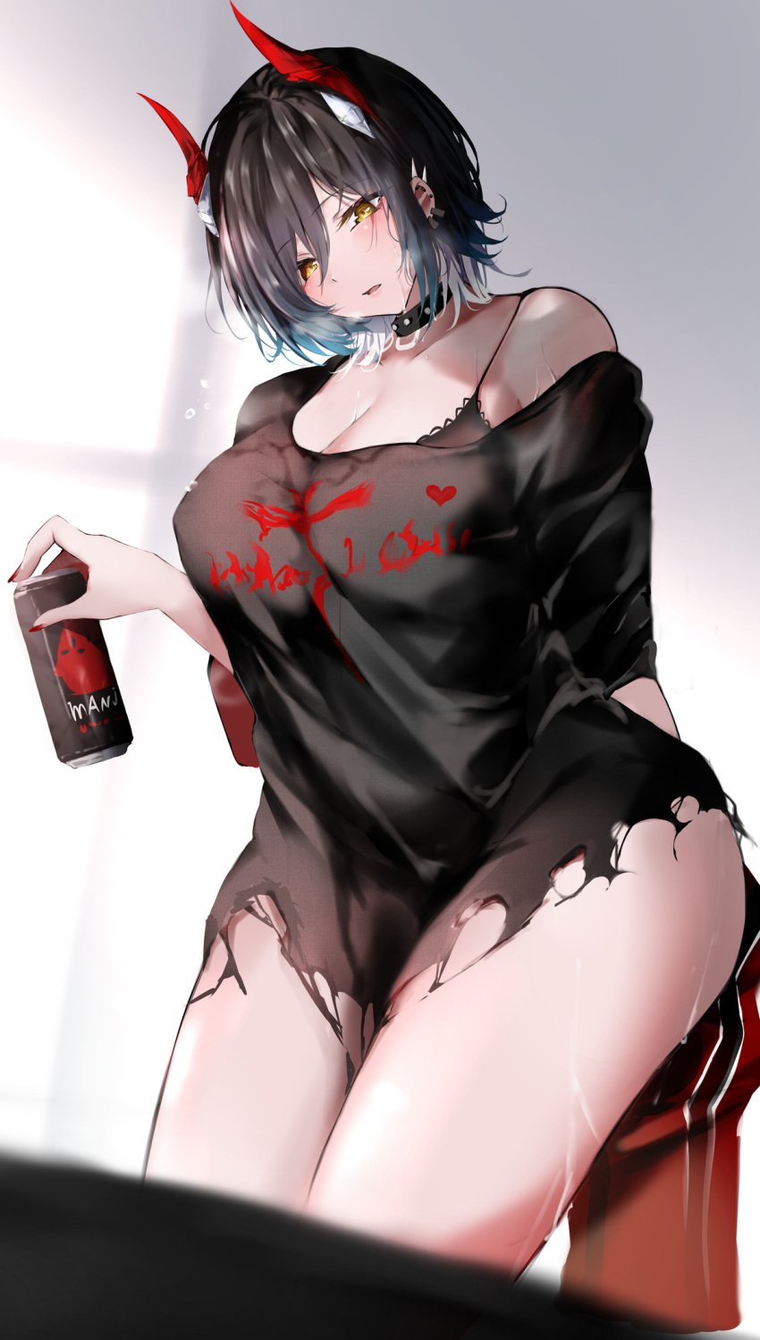 1girls azur_lane black_hair black_shirt bra_peek cleavage drunk holding_can horns multicolored_hair raru_(nanaharararu) short_hair spiked_choker torn_clothes ulrich_von_hutten_(azur_lane)