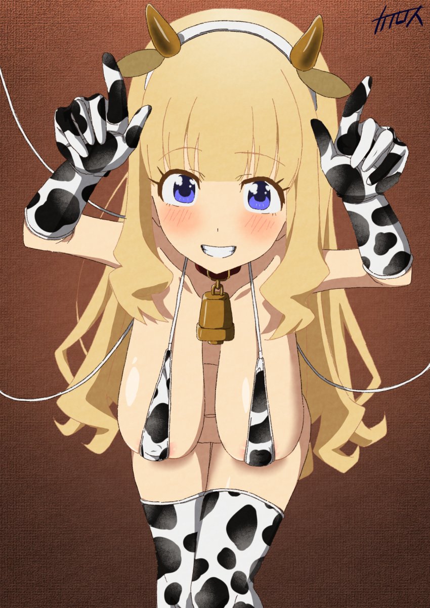 1girls animal_ears areola_slip bell big_breasts bikini blonde_hair blue_eyes breasts closed_mouth cow_ears cow_horns cow_print cow_print_bikini cow_print_thighhighs emilico female female_only horns kairosu large_breasts long_hair navel neck_bell red_collar shadows_house smile solo thighhighs