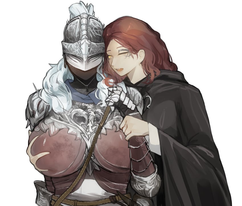 2girls armor elden_ring female female_only fromsoftware grope groping groping_breasts groping_from_behind holding_hands huge_breasts melina_(elden_ring) miaojiangyou multiple_girls tarnished tarnished_female yuri 喵酱油