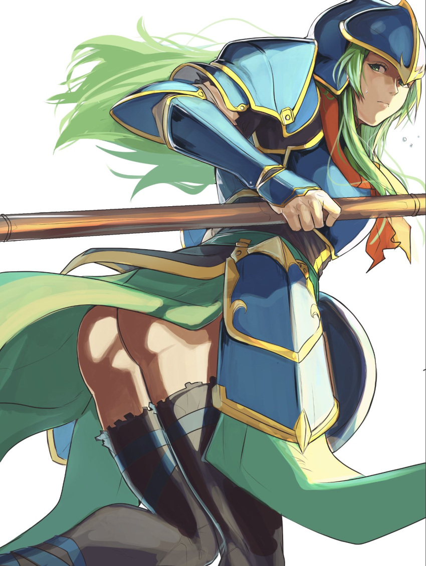 1girls armor ass big_ass blue_armor breastplate female female_only fire_emblem fire_emblem:_path_of_radiance fire_emblem:_radiant_dawn green_eyes green_hair helmet highres holding holding_polearm holding_shield holding_weapon kneeling long_hair nephenee_(fire_emblem) nintendo no_panties pauldrons polearm shield shoulder_armor soldier solo spear sutekina_yari weapon