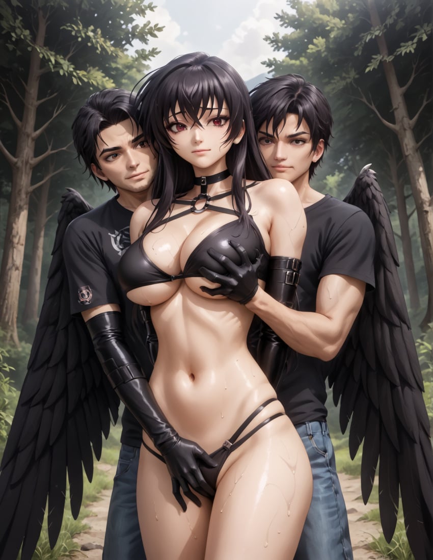 2boys ai_generated black_hair bondage breasts fallen_angel gloves high_school_dxd long long_hair male raynare wings