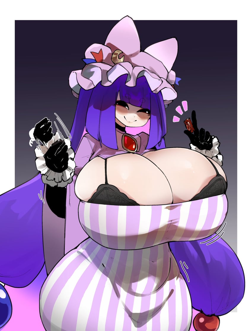 1girls big_breasts black_eyes border bra breasts cleavage clothed_female condom_wrapper crr001 handjob_gesture hat huge_breasts inviting_to_sex konkon_patchouli_(crr001) librarian light-skinned_female long_hair patchouli_knowledge portrait purple_hair solo solo_female thick_thighs thighs touhou