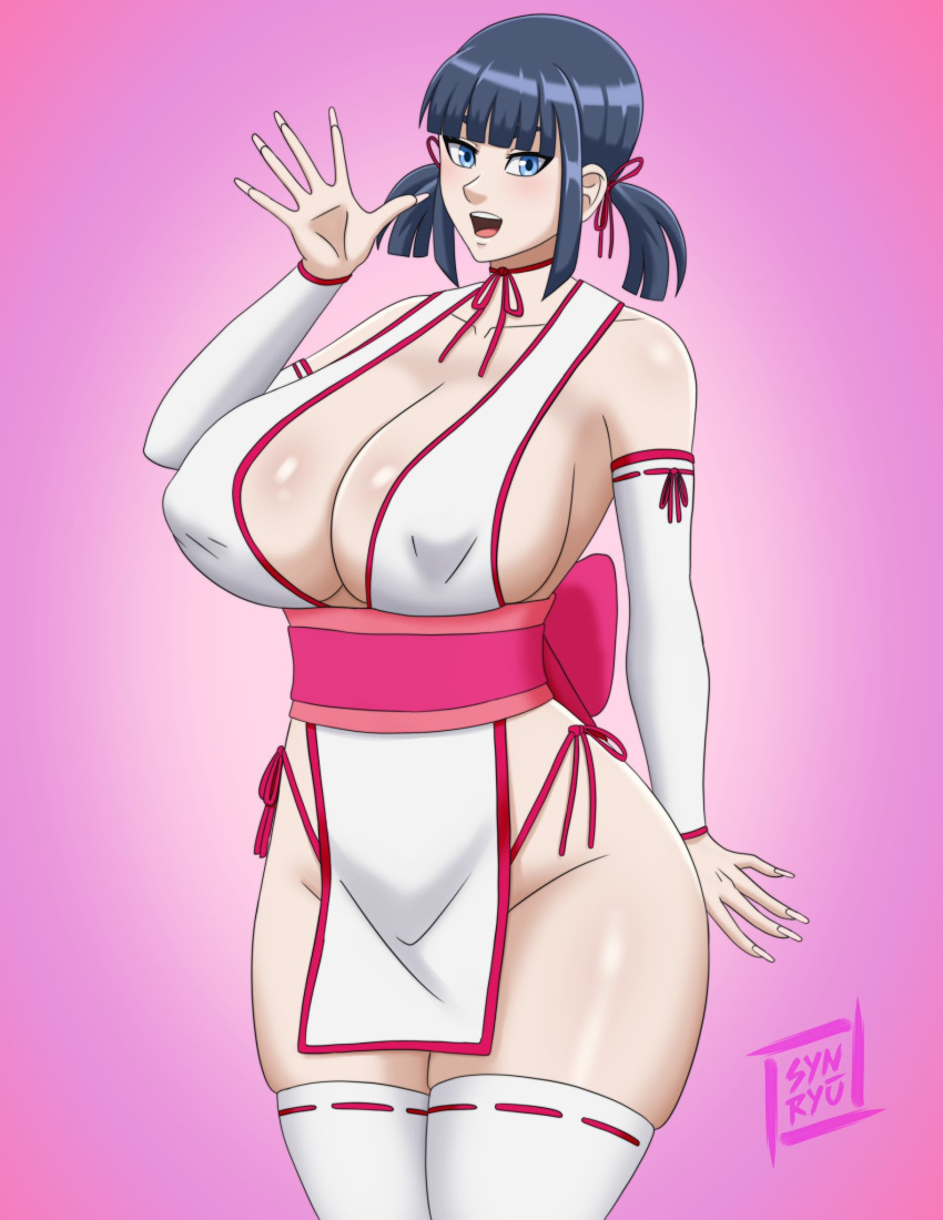 1female 1girls artist_request black_hair black_hair_female blue_eyes blue_eyes_female character_request clothed clothing female female_only human human_female human_only kunoichi light-skinned_female light_skin light_skin_female ninja pale_skin pale_skin_female pink_background shinobi smile smiling sole_female syn_ryuu tagme tagme_(character) watermark wave waving