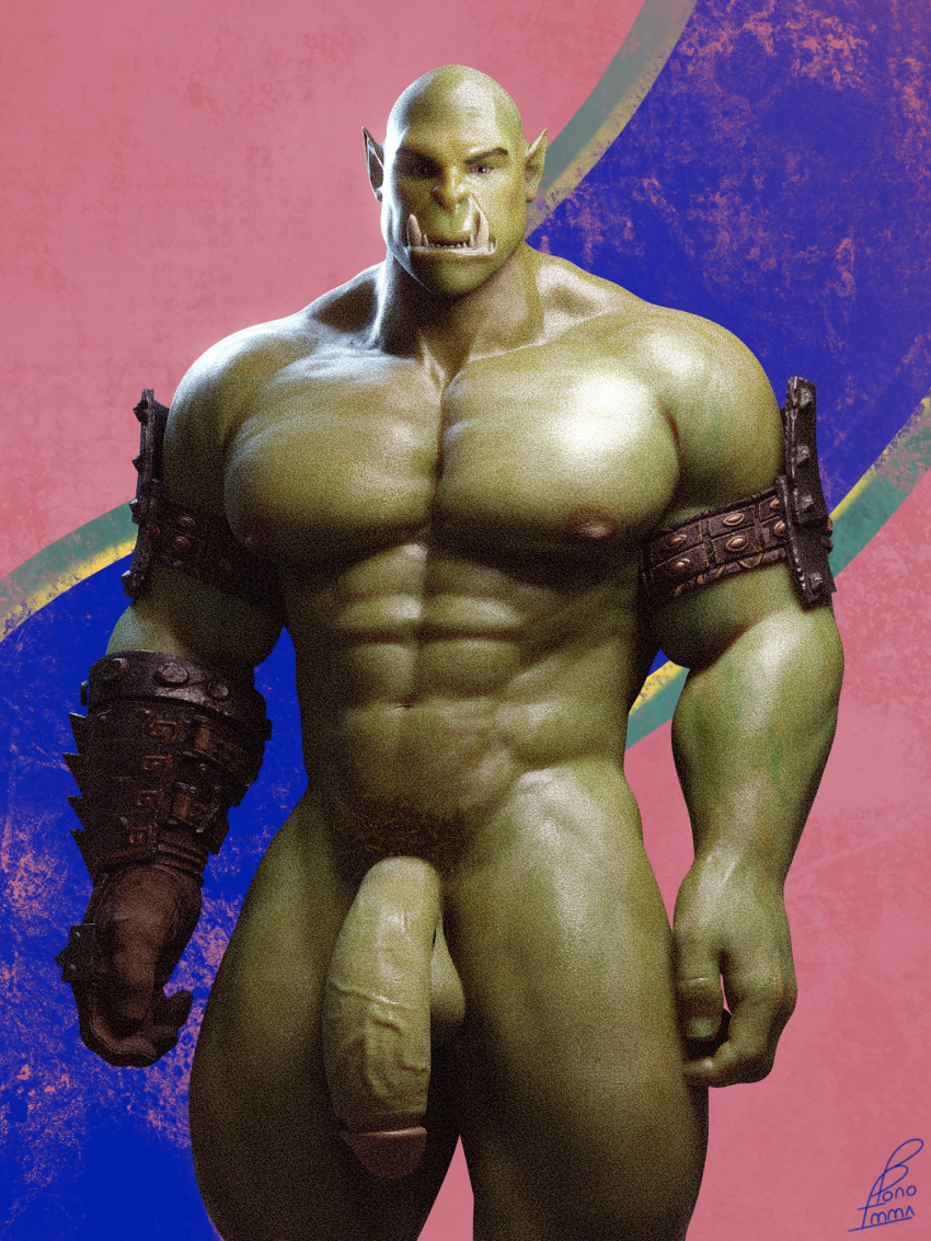 1boy bald balls bara barazoku big_balls big_penis bonoimma green_body green_skin male male_only muscular muscular_male orc penis pubic_hair tusks